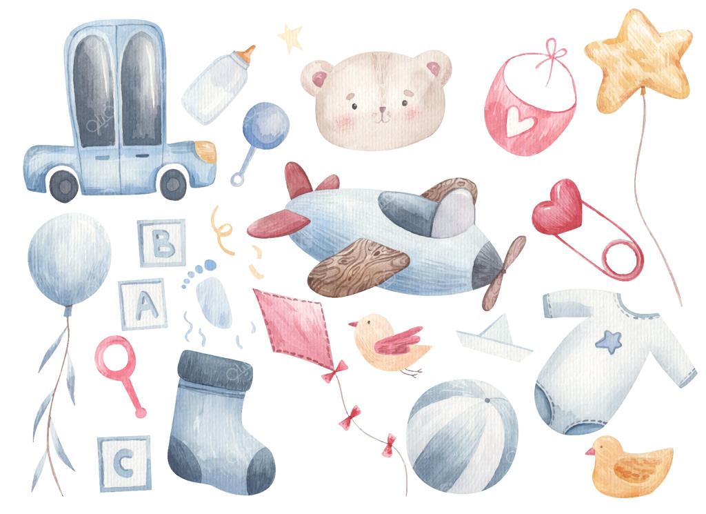 ست آبرنگی لوازم نوزاد شامل ماشین، جوراب، توپ، لباس، پستانک، شیشه شیر و پیش‌بند