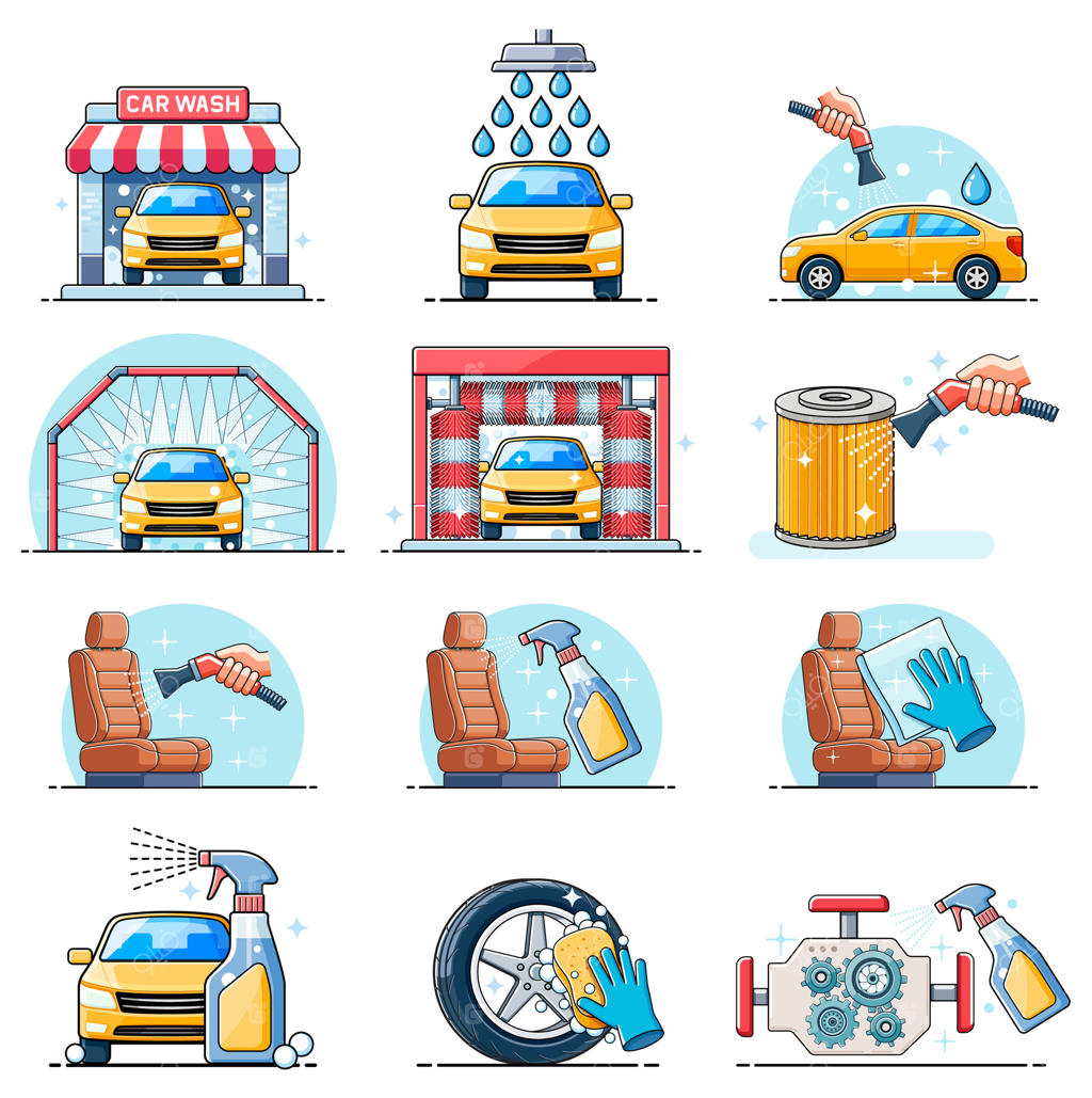 مجموعه آیکون‌های رنگی خدمات شستشوی خودرو