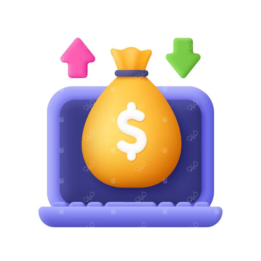 لپ‌تاپ کامپیوتر و کیسه پول با علامت دلار و فلش‌های بالا و پایین. مفاهیم مالی، بانکداری، سرمایه‌گذاری و تجارت. آیکون سه‌بعدی. سبک کارتونی و ساده.