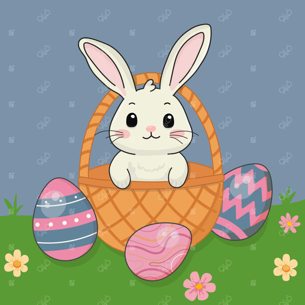 خرگوش بامزه در سبدی همراه با تخم‌مرغ‌ها در باغ سبز. تبریک و هدایا برای عید پاک