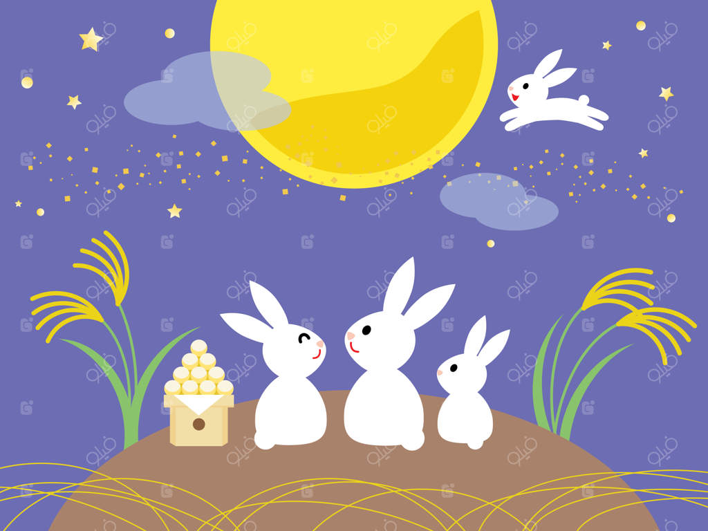 تصویر خرگوش‌ها، پیراشکی و گل نی ژاپنی در حال تماشای ماه