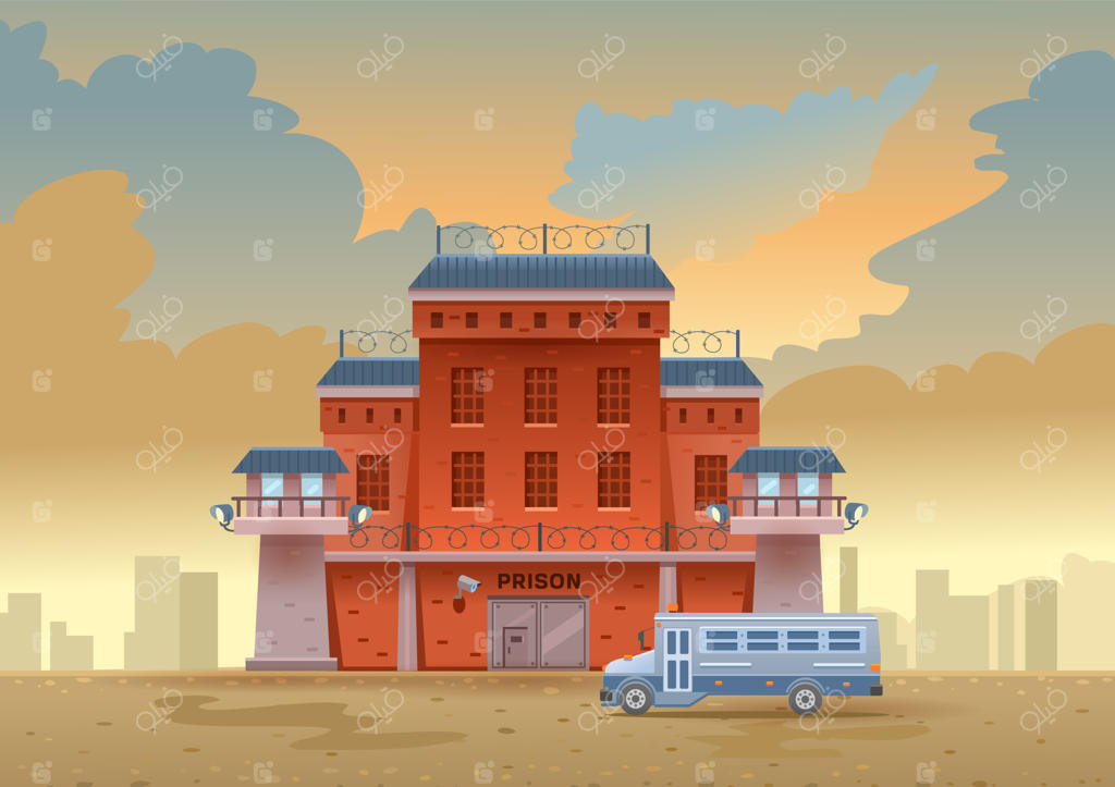 ساختمان زندان شهری با دو برجک نگهبانی و حصار آجری بلند با سیم خاردار