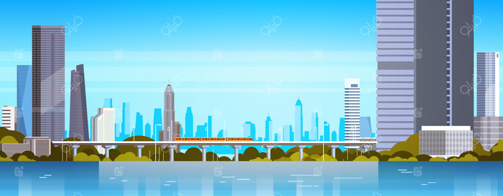 نمای پانورامای شهر مدرن با آسمان‌خراش‌ها و مترو، تصویری از شهرسازی امروزی