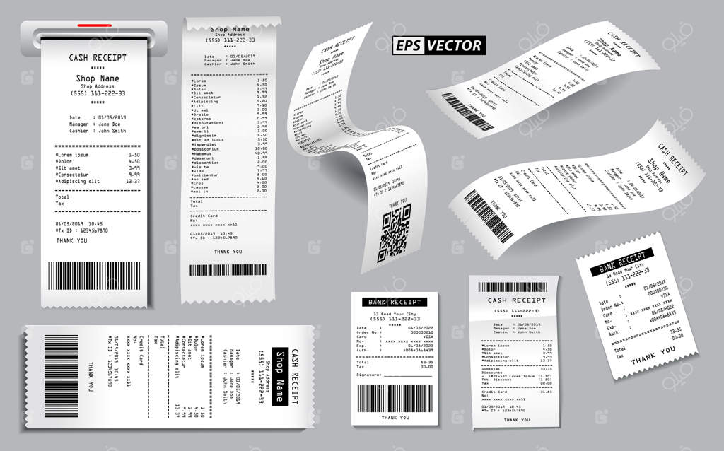 مجموعه‌ای از رسیدهای فروش واقعی ثبت‌شده یا رسید نقدی چاپ شده روی کاغذ سفید