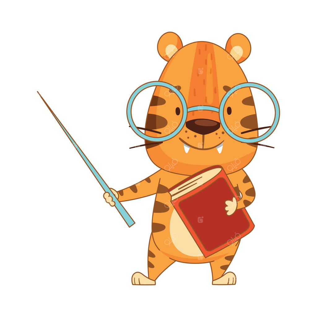 ببر کوچولوی بامزه با عینک، در حال نگه داشتن اشاره‌گر و کتاب - شخصیت کارتونی معلم بچه حیوان دوست‌داشتنی