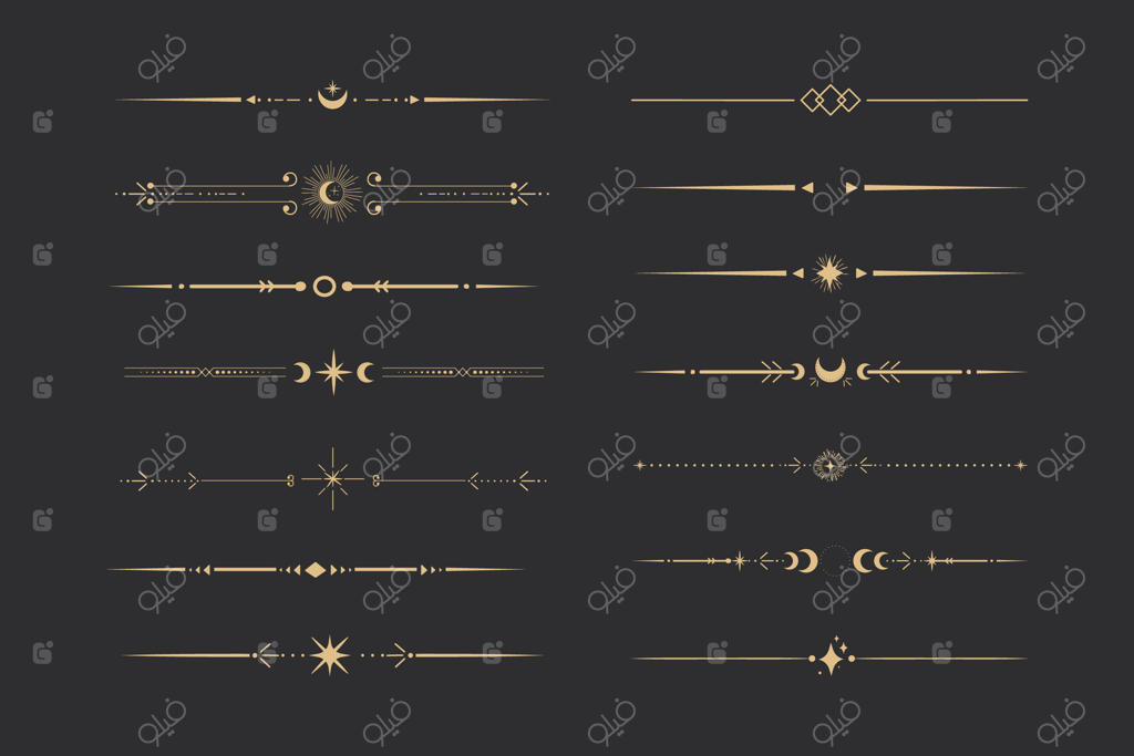 مرزبند طلایی آسمانی با ستارگان، ماه و خورشید - طراحی مینیمالیستی و ساده برای تزئین، عناصر سحرآمیز و اسرارآمیز بر روی پس‌زمینه تیره