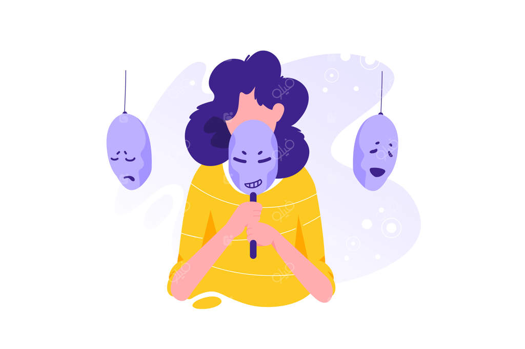 زنی با سر پایین که ماسک‌های مختلفی را برای نشان‌دادن احساسات گوناگون به صورت خود زده است. مفهوم تغییر.