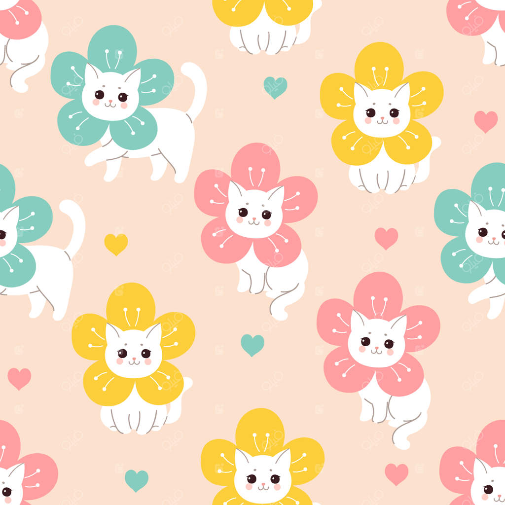 پترن یکپارچه با گربه‌های گل بامزه وکتور گرافیک