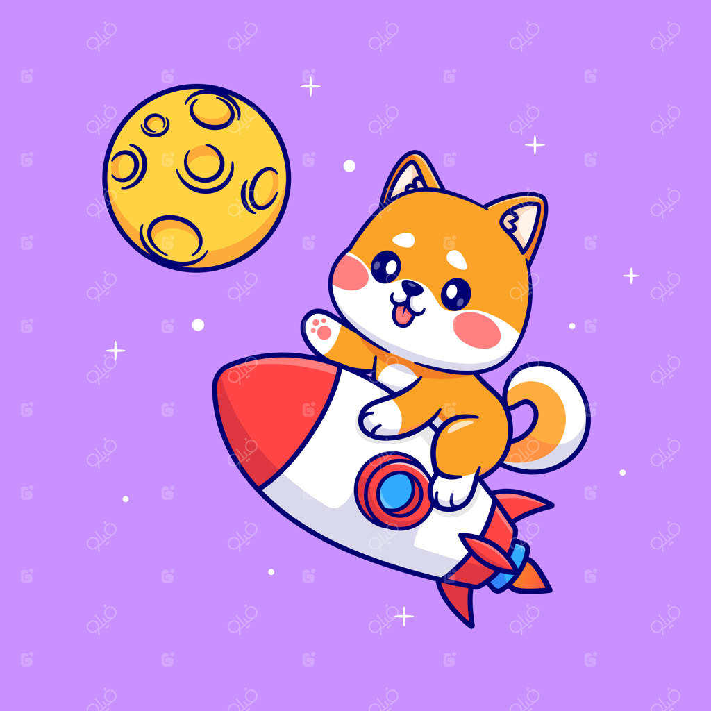 تصویر کارتونی شابا اینو بامزه‌ای که با موشک به ماه پرواز می‌کند - تکنولوژی حیوانات