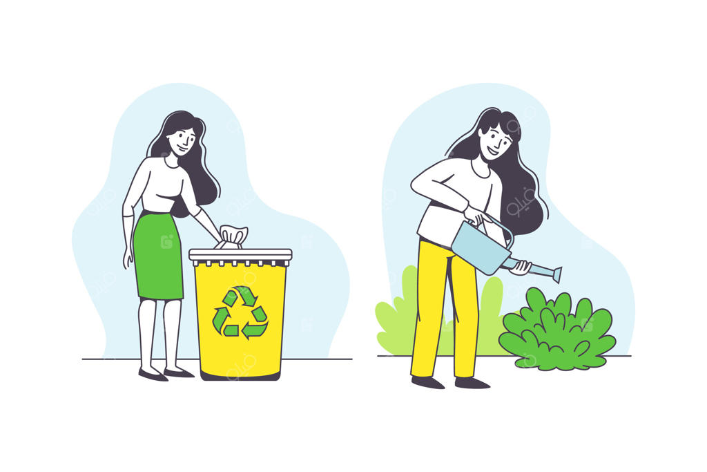 مجموعه زن جوان در حال آبیاری گیاهان و تفکیک زباله برای بازیافت؛ با موضوع حفظ محیط زیست و مراقبت از سیاره سبز و طبیعت