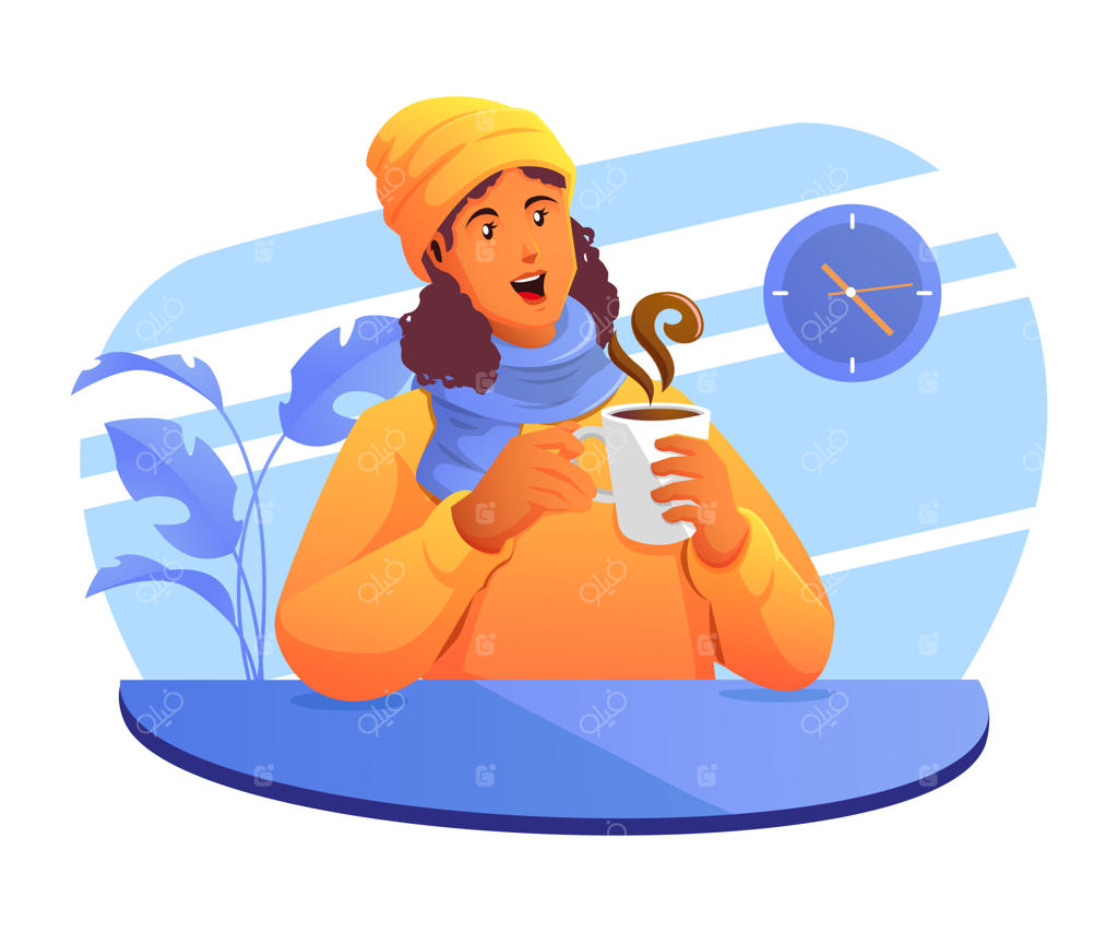 زنی لباس گرم پوشیده و فنجانی نوشیدنی گرم می‌نوشد