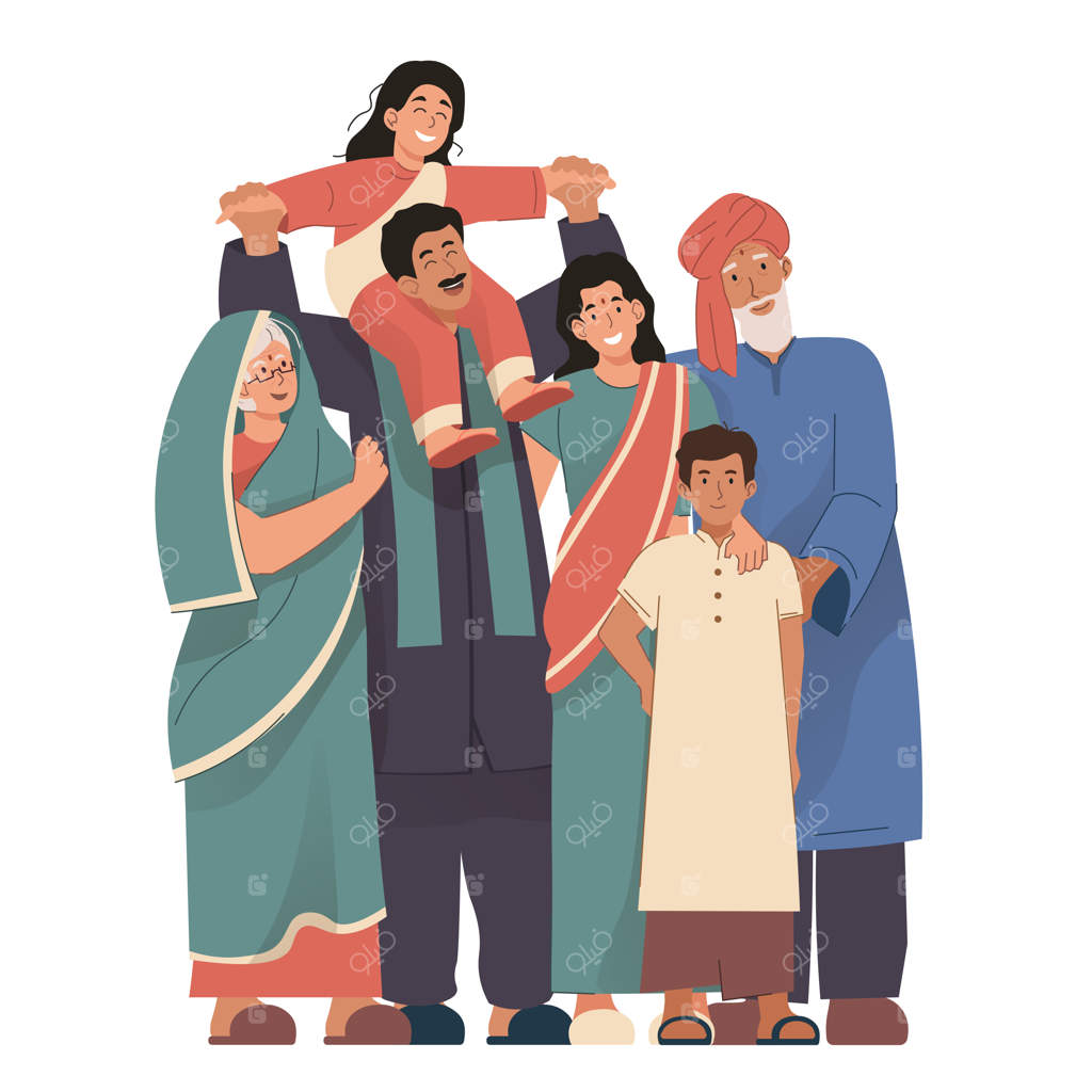 عکس خانوادگی شاد هندی با لباس‌های سنتی. پدربزرگ و مادربزرگ، والدین و کودکان