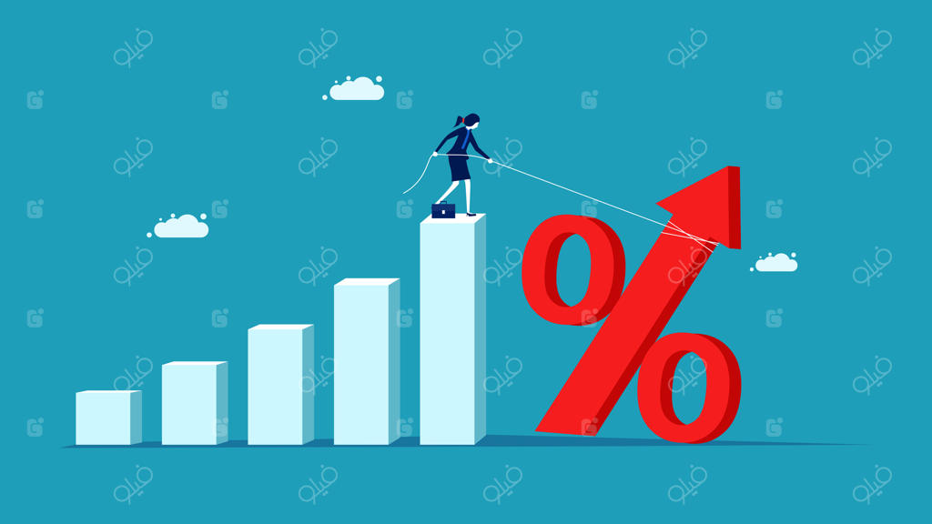 تاجر بر روی نموداری با فلشی به سمت بالا ایستاده است