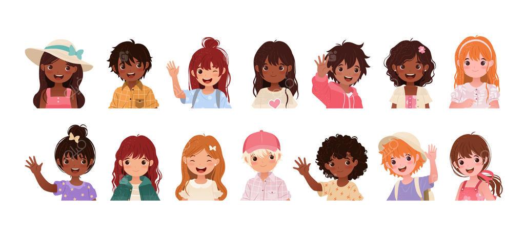 مجموعه پرتره چهره کودکان بامزه. آواتارهای بانمک دختر و پسر با لباس‌های راحت. شخصیت‌های کودک پیش‌دبستانی و مدرسه‌ای از ملیت‌های مختلف. تصویرسازی‌های کارتونی جدا شده در زمینه سفید.