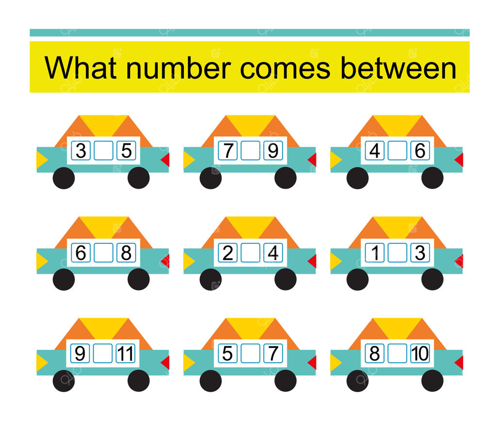 چه عددی وسط است؟ کاربرگ‌های ریاضی برای کودکان با تصویر ماشین کارتونی.