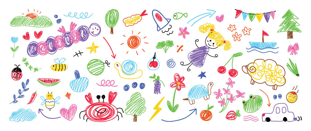 طرح دست‌کشیده‌ی بامزه کودکان. گل، ابر، خورشید، لاک‌پشت، گوسفند، قایق، کرم، درخت، خرچنگ، پیکان، رعد و برق، گیلاس، دختر و تصویر تابستان. طراحی برای پارچه، برچسب، آیکون و کودکان.