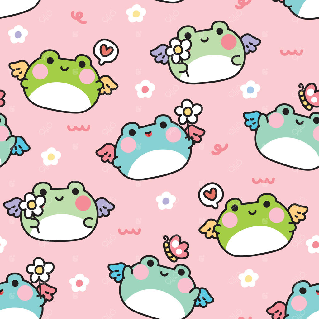 پترن یکپارچه از قورباغه‌های بامزه و گرد به همراه بال در حال پرواز با پس‌زمینه‌ای از قلب‌ها، گل‌ها و پروانه‌ها. دید از زاویه. شخصیت کارتونی حیوان خزنده. کاوایی. تصویرسازی.