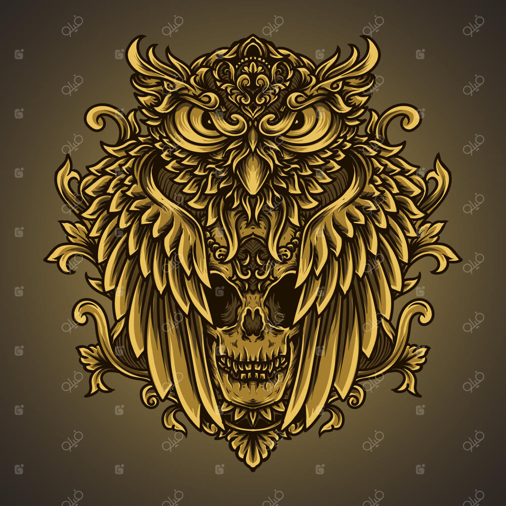 تصویرسازی هنری و طراحی تی‌شرت با جغد و کنده‌کاری جمجمه