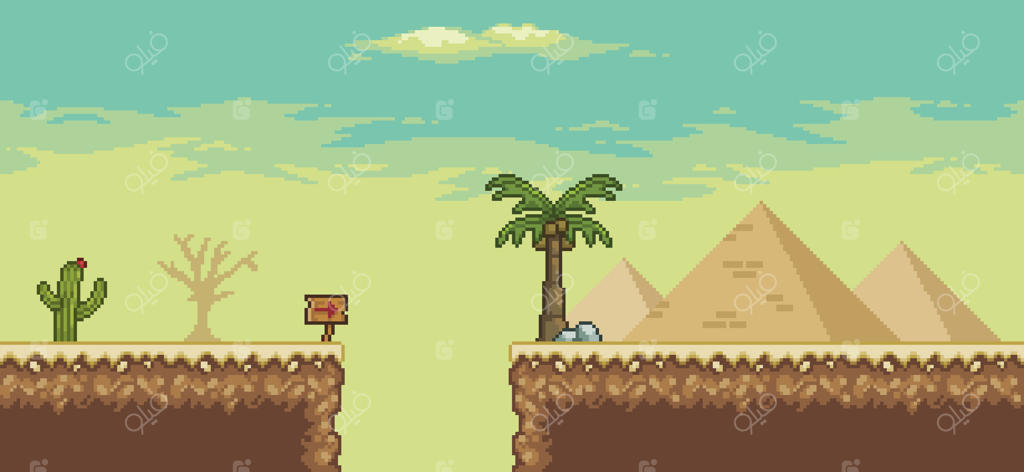 صحنه بازی با هنر پیکسلی در صحرا: نخل‌ها، اهرام و کاکتوس‌ها با پس‌زمینه ۸ بیتی