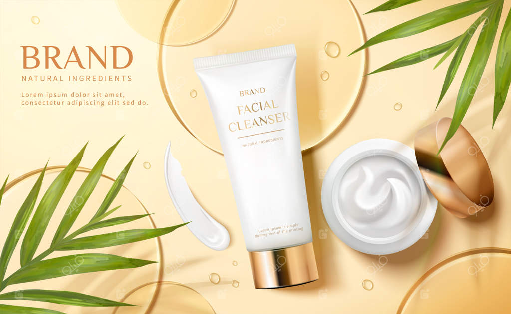 تصویر تبلیغاتی محصولات آرایشی سه‌بعدی: کرم و لوسیون مرطوب‌کننده صورت روی دیسک‌های شفاف در پس‌زمینه زرد