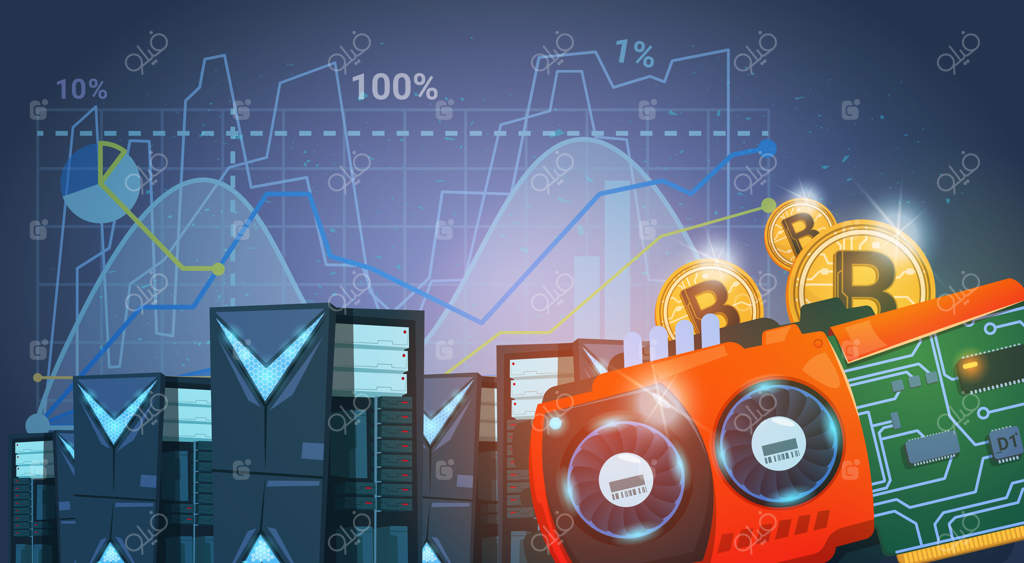 مزرعه استخراج بیت‌کوین: ارز دیجیتال مدرن و پول اینترنتی بر روی پس‌زمینه آبی با نمودارها و چارت‌ها