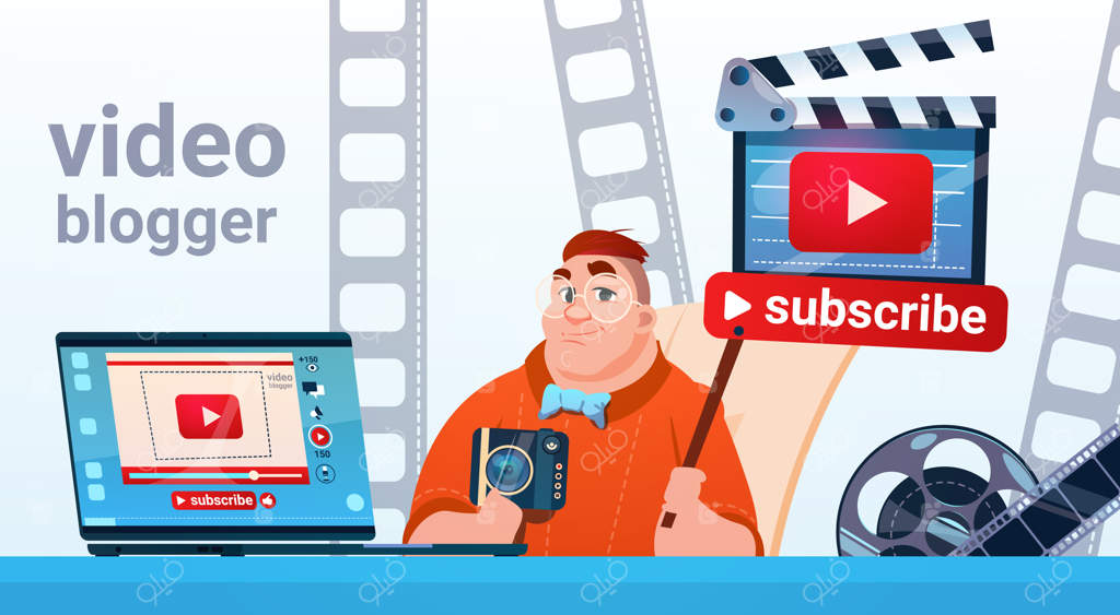 مرد بلاگر ویدیو: مفاهیم دوربین، صفحه نمایش کامپیوتر و اشتراک‌گذاری