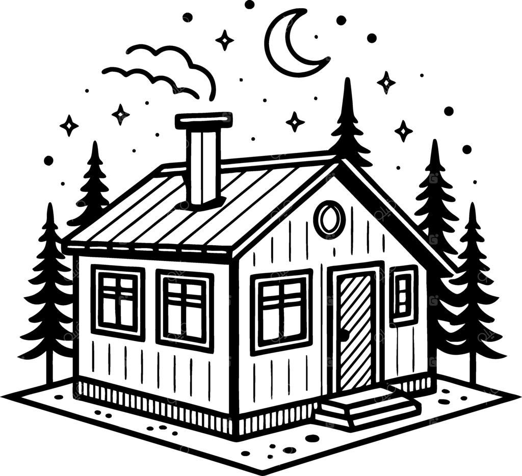 کلبه‌ای دنج در میان درختان کاج و زیر آسمان پرستاره شب