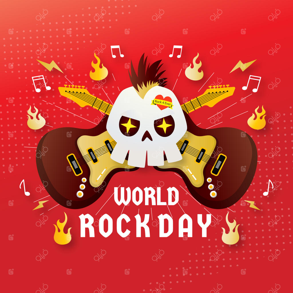 تصویرسازی روز جهانی راک با گرادیانت و گیتارها و جمجمه