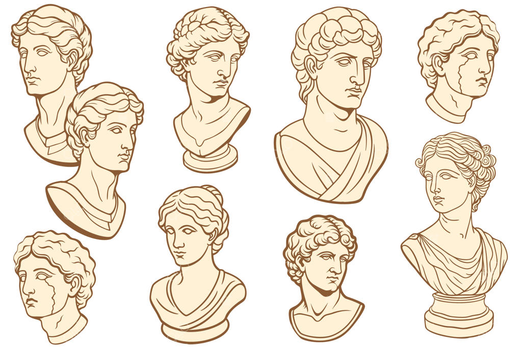 مجسمه‌های نیم‌تنه گچی خدایان یونان: زن و مرد. هنر مجسمه‌سازی.