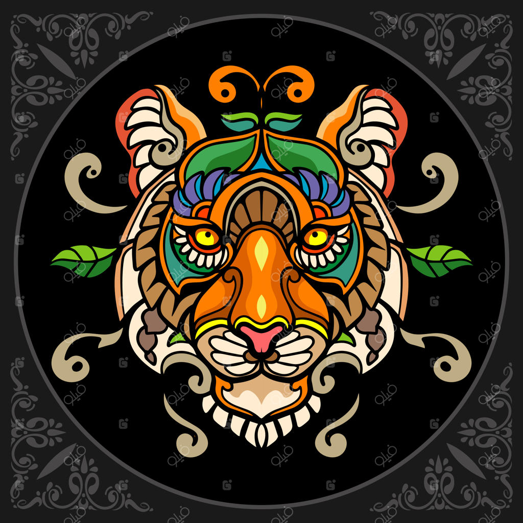 هنر زنتانگل ببر رنگارنگ در پس‌زمینه سیاه