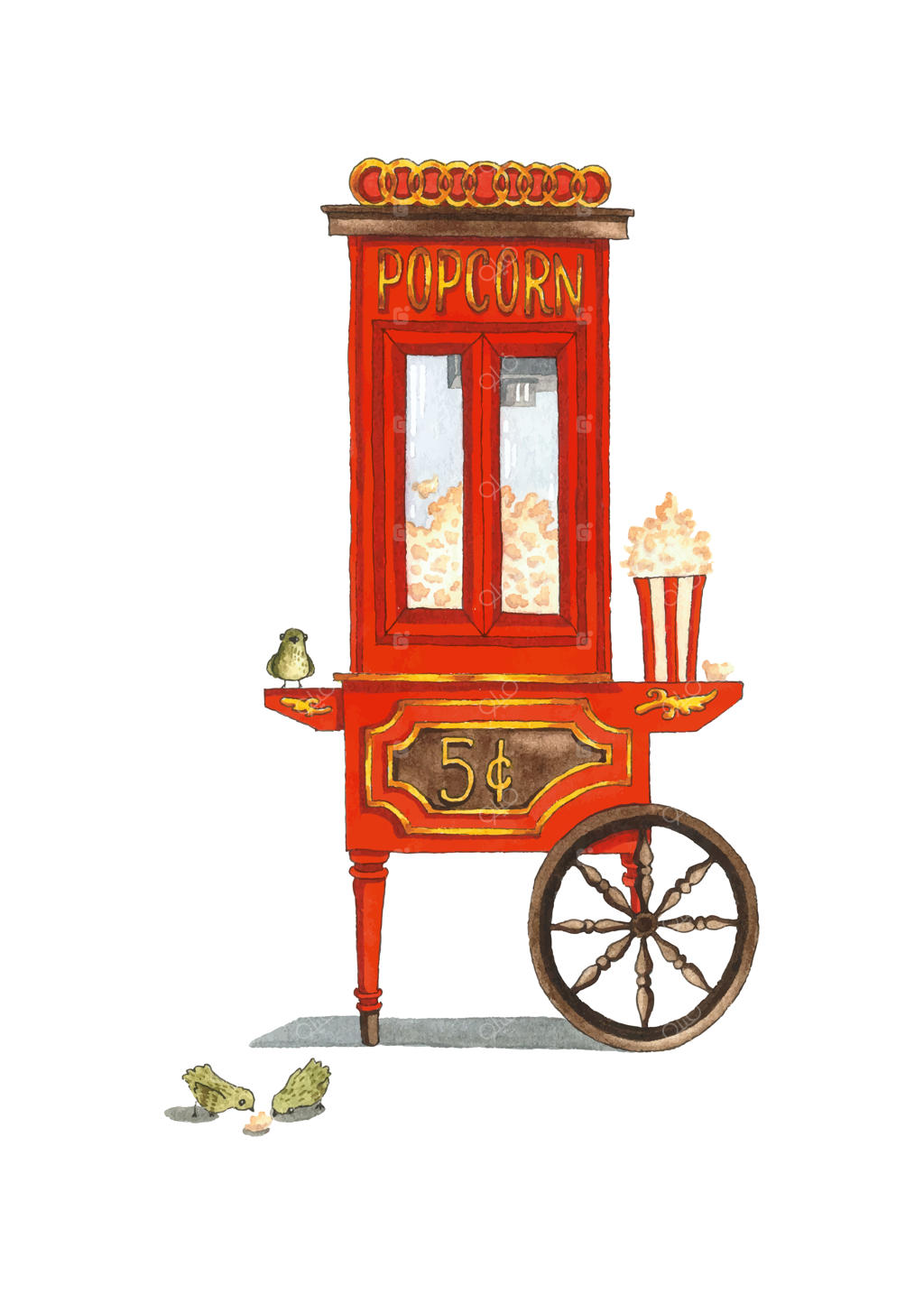تصویر آبرنگی از گاری پاپ‌کورن قرمز به سبک قدیمی
