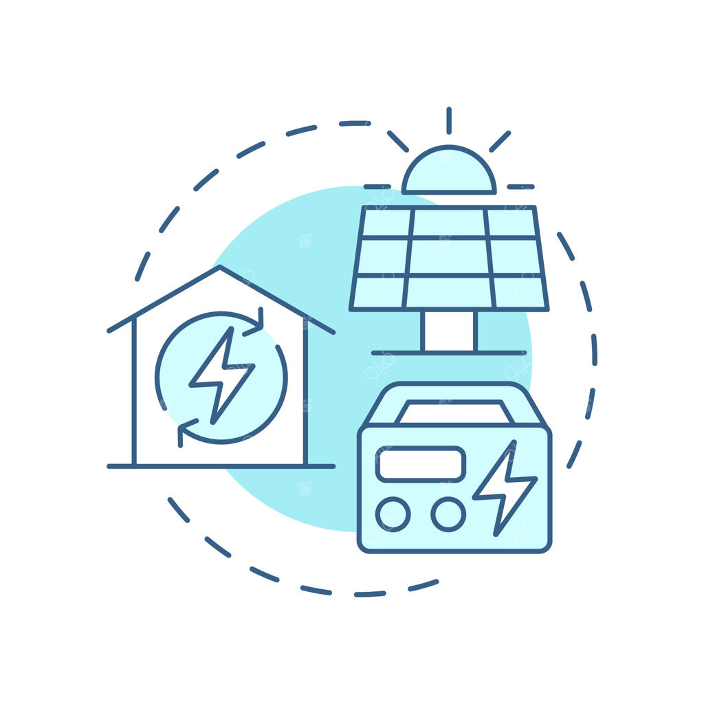 نماد مفهومی خودکفایی خانگی به رنگ آبی ملایم: پنل‌های خورشیدی و انرژی سبز. الکتریسیته و قدرت. طرح خطی دایره‌ای. ایده انتزاعی. طراحی گرافیکی. مناسب برای استفاده در اینفوگرافیک