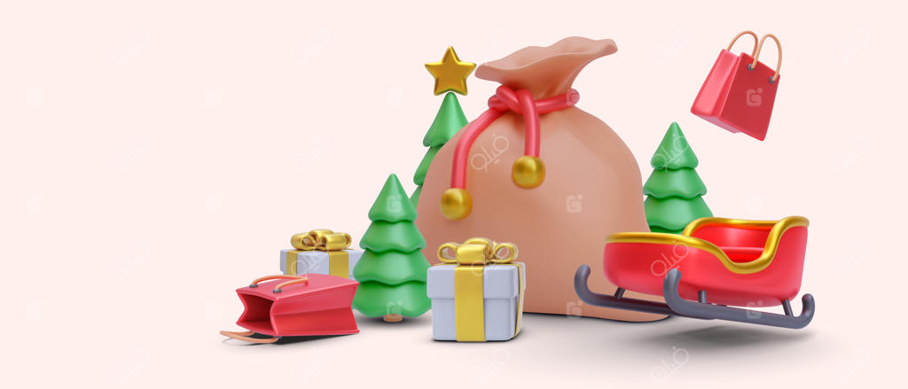 پس‌زمینه کریسمس و سال نو با درختان کریسمس واقعی، هدیه، سورتمه سال نو و کیسه خرید - تصویرسازی برداری