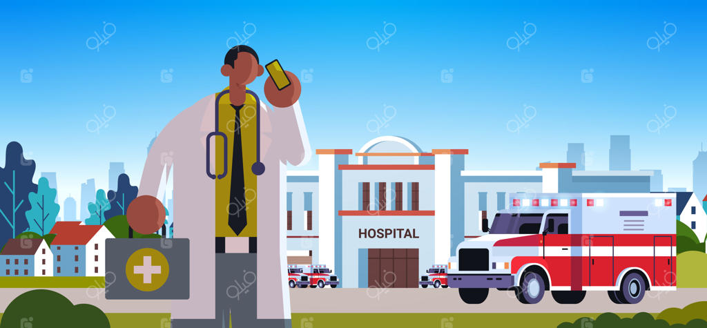 پزشک مرد با روپوش سفید و جعبه کمک‌های اولیه در حال صحبت با تلفن همراه - مفهوم پزشکی و مراقبت‌های بهداشتی - پرتره‌ای از کارمند کلینیک پزشکی با گوشی پزشکی در نمای بیرونی ساختمان بیمارستان مدرن افقی