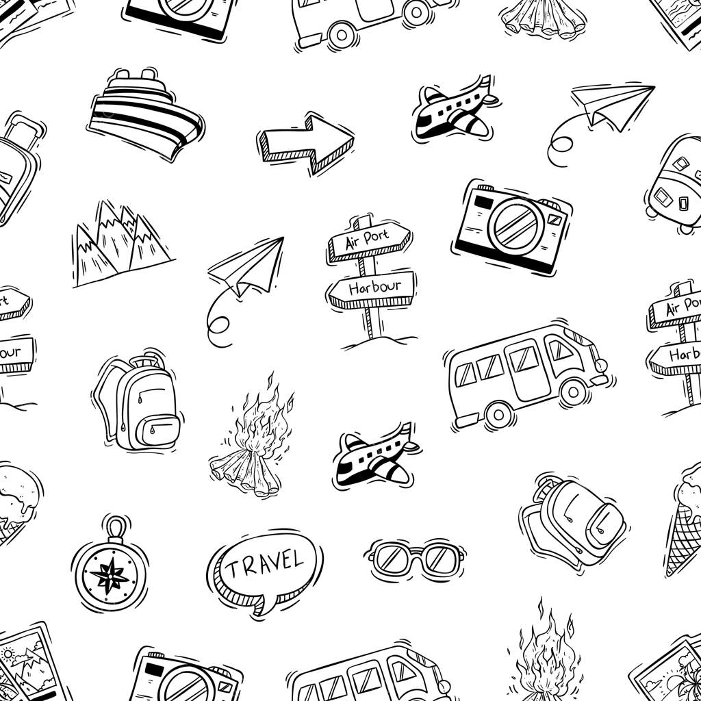 آیکون‌های جذاب کمپینگ با پترن یکپارچه و سبک طراحی دستی یا دوودل