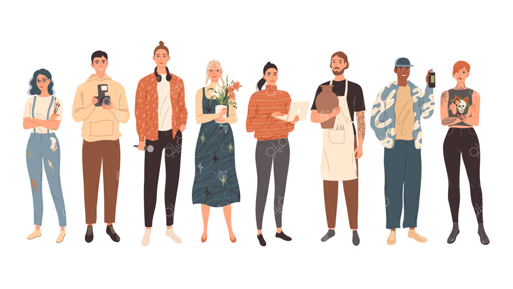 گروهی از زنان و مردان جوان، شیک و مدرن با مشاغل خلاقانه