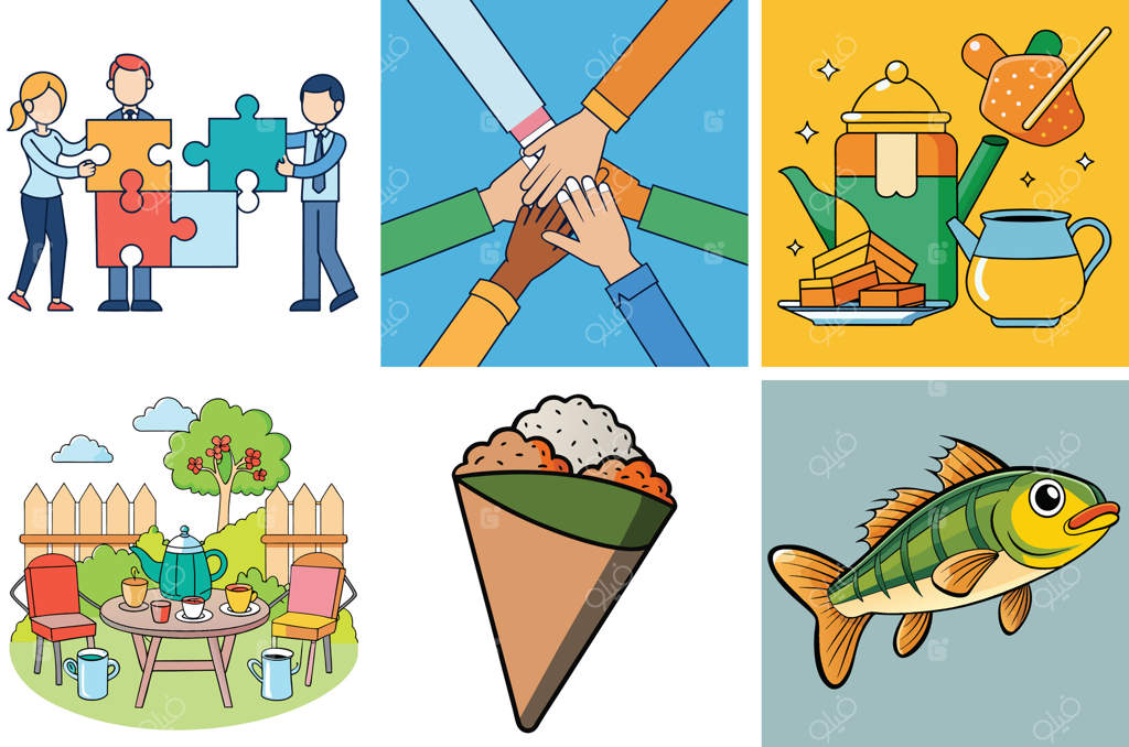 تصاویر رنگارنگ همکاری: پازل، همکاری گروهی، چای در باغ، سوشی و ماهی