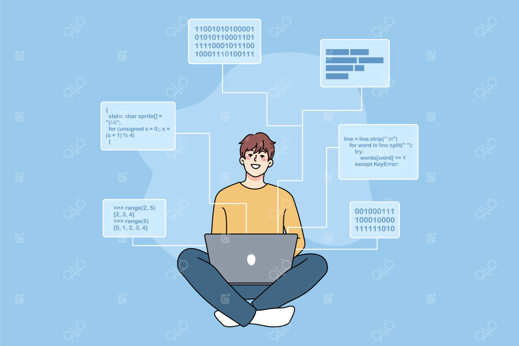 مهندس نرم‌افزار خندان در حال کدنویسی بر روی کامپیوتر