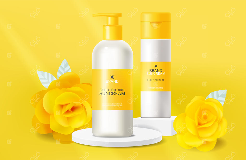 کرم ضد آفتاب زرد - طرح وکتور واقع‌گرایانه و مدل‌سازی محصول