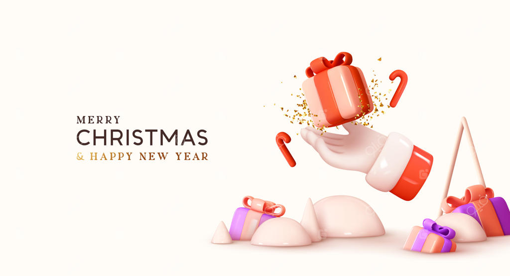 کریسمس مبارک و سال نو خوش! طراحی سه‌بعدی واقعی و انتزاعی، دست بابانوئل در حال نگه‌داشتن جعبه هدیه، و آب‌نبات عصایی در حال سقوط. بنر تعطیلات کریسمس، پوستر تبلیغاتی وب. تصویرسازی وکتور