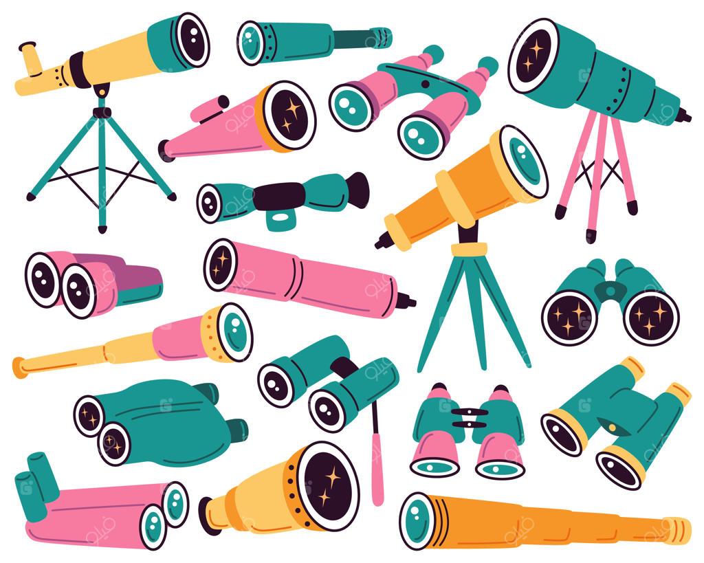 مجموعه آیکون‌های تخت ابزارهای نوری و آموزشی شامل میکروسکوپ، تلسکوپ، دوربین و دوربین دوچشمی