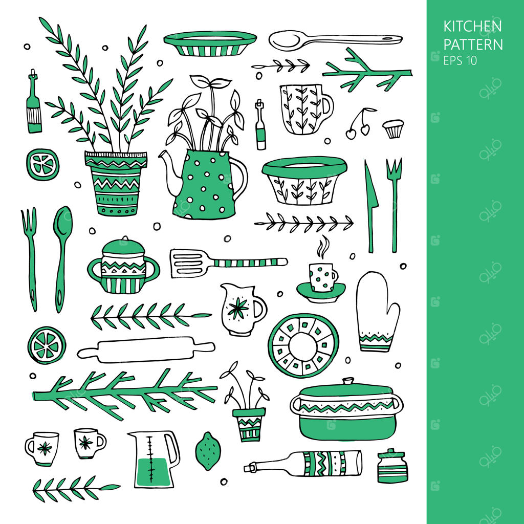 مجموعه‌ای از عناصر آشپزخانه طراحی‌شده با دست