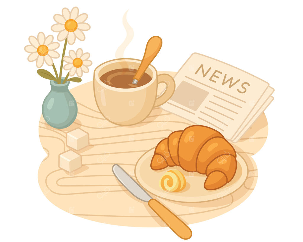 صبحانه در یک کافه اروپایی با روزنامه، قهوه، کروسان با کره و گل‌های مروارید در گلدان، به رنگ‌های ملایم