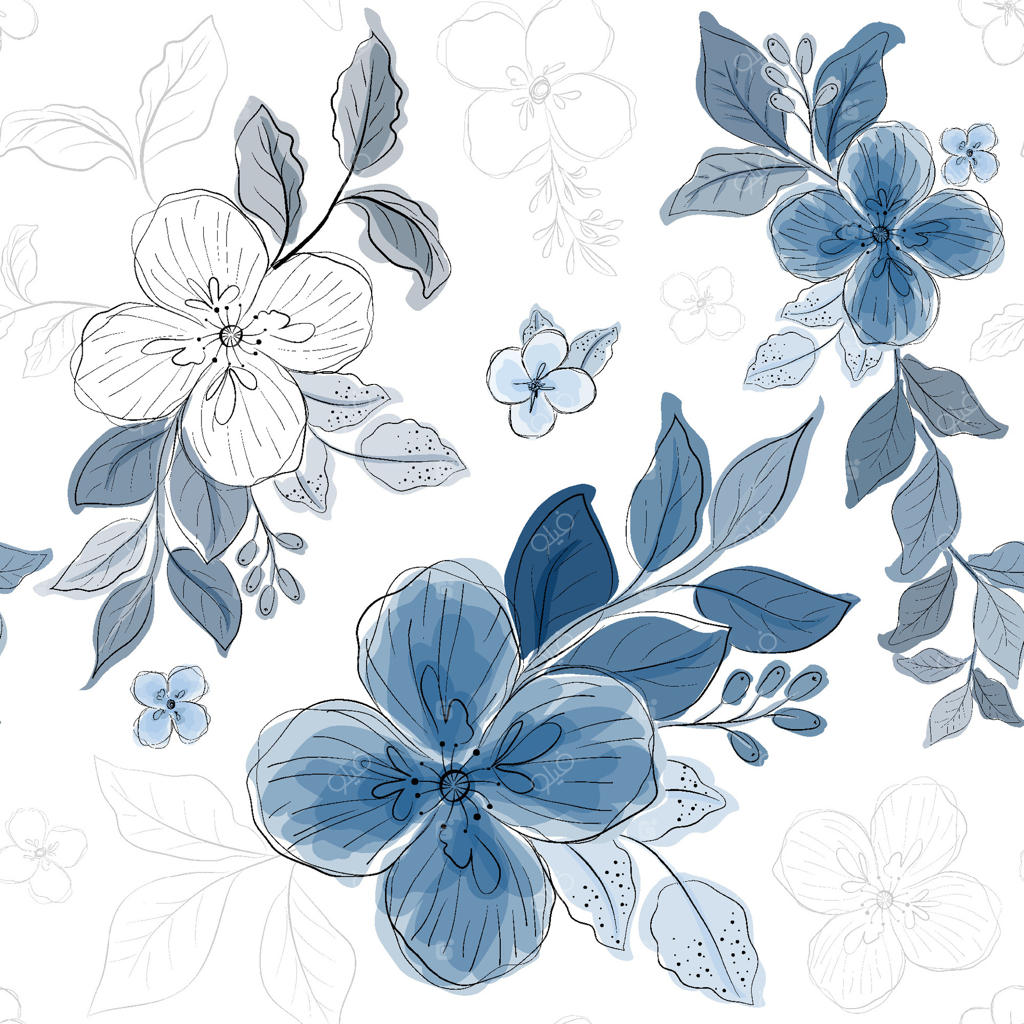 پترن یکپارچه با دسته‌گل‌های آبی به سبک آبرنگی