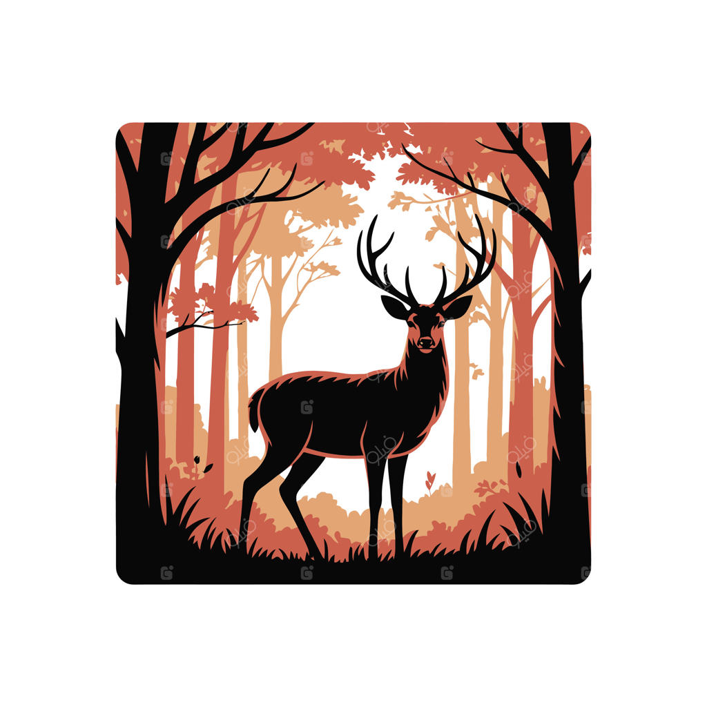 تصویرسازی شبح گوزن در جنگل - طراحی گرافیکی سیاه و نارنجی با مضمون طبیعت و حیات وحش