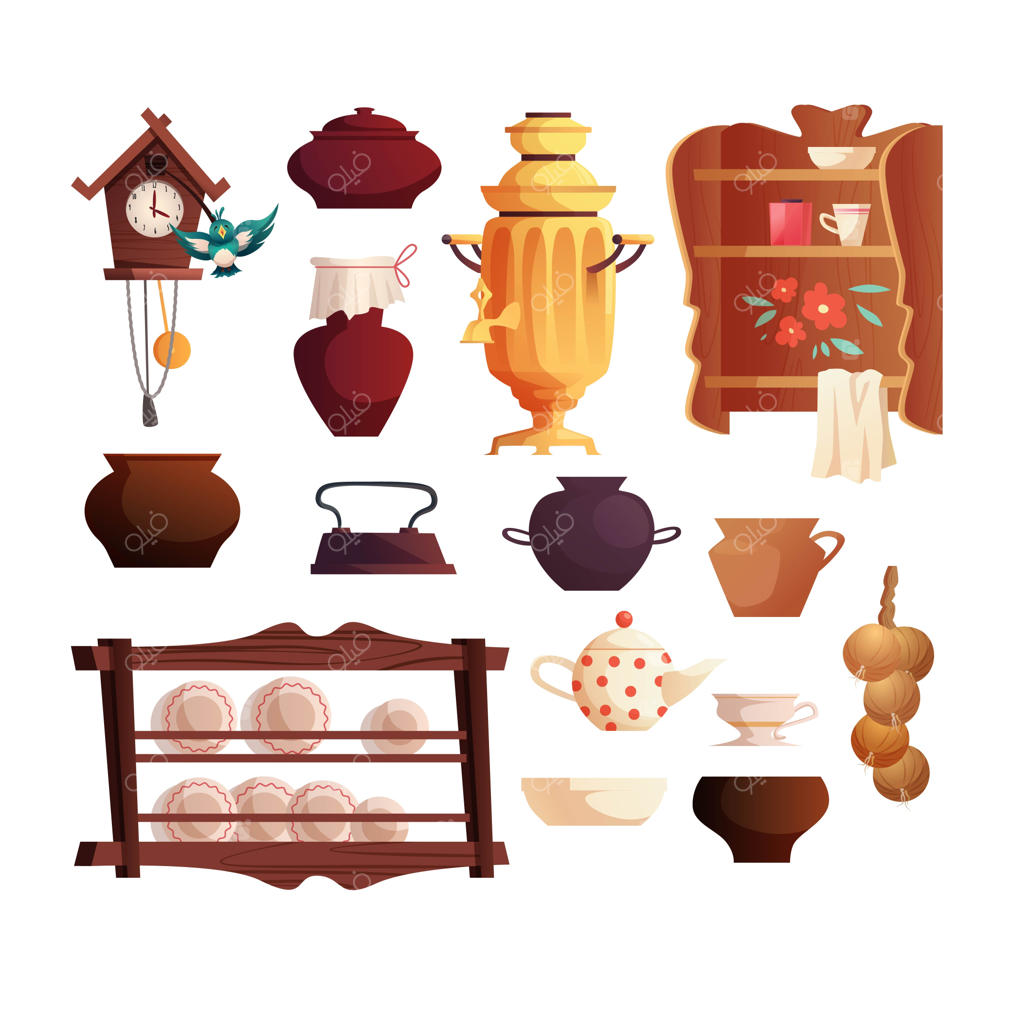 عناصر داخلی آشپزخانه روسی: سماور باستانی، قفسه‌های ساعت کوکو، کتری آهنی و ظروف آشپزخانه