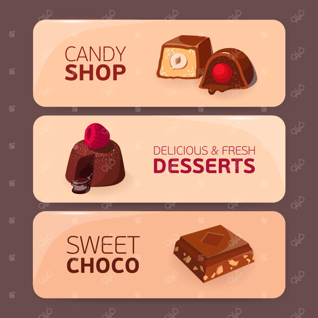 مجموعه بنرهای افقی رنگارنگ با دسرها و خوراکی‌های شیرین لذیذ - آب‌نبات‌های با طعم‌های متنوع، فوندانت و شکلات. تصویرسازی برای تبلیغات کافه یا قنادی.