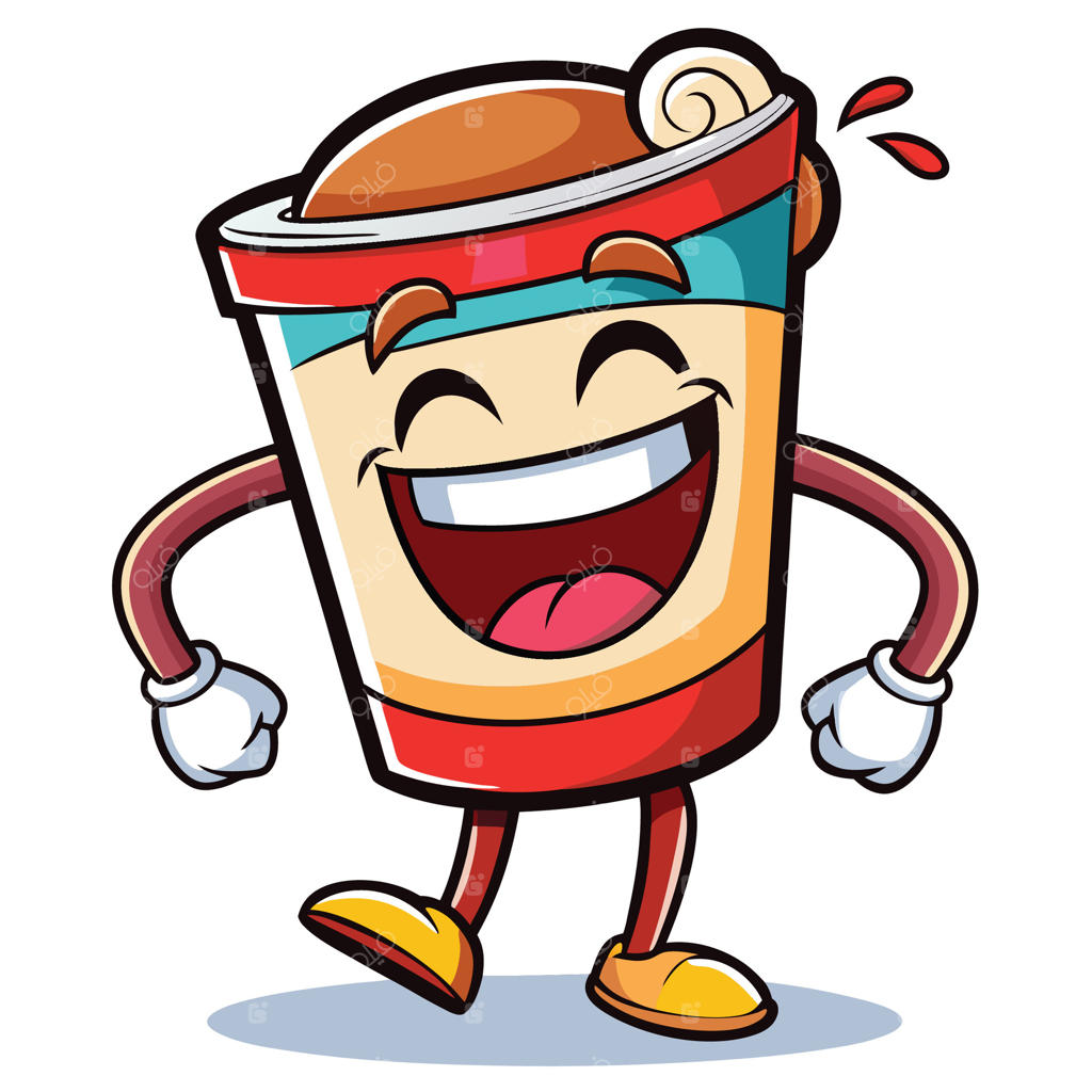 تصویر شخصیت کارتونی فنجان قهوه بر روی زمینه سفید