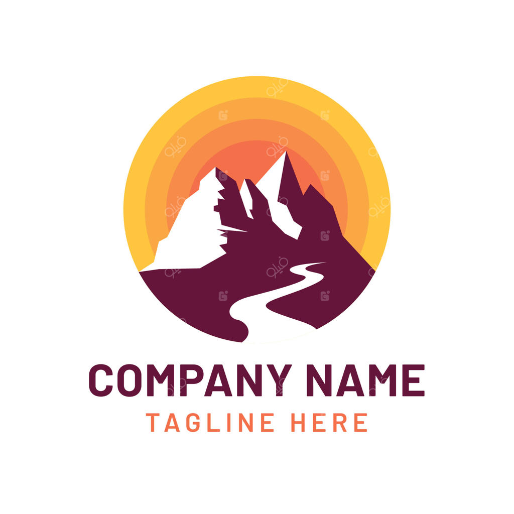 لوگوی منظره کوهستان آرام، غروب گرم، رودخانه پیچان، سبک انتزاعی برای برندینگ شرکتی.