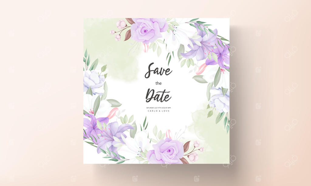 قالب کارت دعوت عروسی با طرح گل‌های بنفش عاشقانه